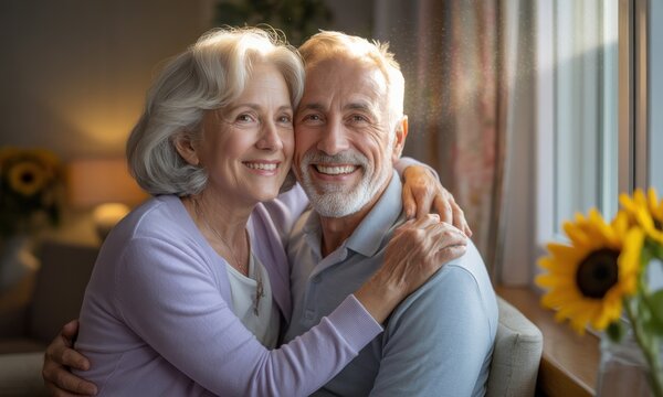 Smiling senior couple embracing near window - Powered by Adobe