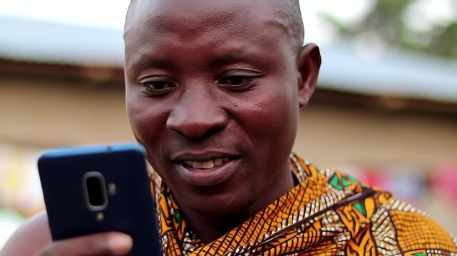 A happy African man wearing colorful traditional clothing smiles while using his smartphone outdoors