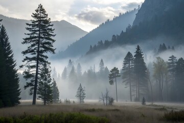 Obraz premium Misty morning sunlight illuminates a majestic pine forest in a mountain valley