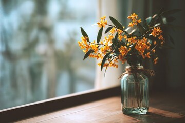 A vintage glass vase filled with fresh orange osmanthus (kinmokusei) branches, on a clean wooden table near a window, minimal and elegant arrangement, warm natural light, calm and fresh atmosphere