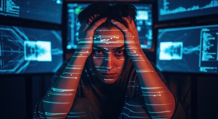 Stressed programmer hunched, overwhelmed by multiple screens
