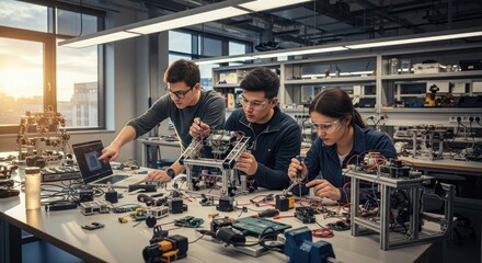 Students collaborating on robotic projects in a modern lab