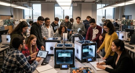 Students in a technology lab, collaborating around 3D printers