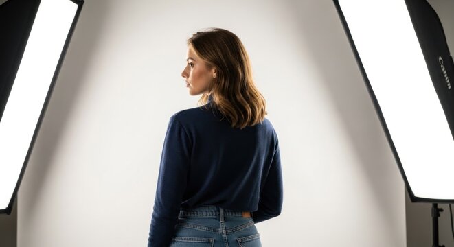 Studio shot of a woman, back to camera, in front of bright lights