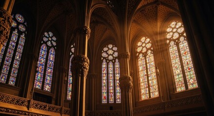 Fototapeta premium Sunlight streams through stained glass windows in a grand church interior