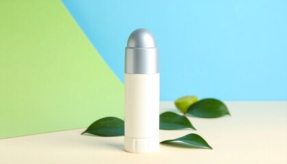 A white lip balm tube, silver cap, on a pastel background with leaves