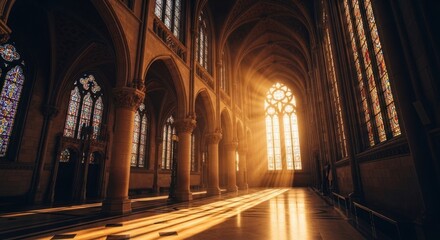 Fototapeta premium Sunlight streams through stained-glass windows in a grand cathedral