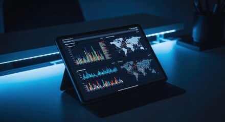 Tablet displaying data visualizations in a dark room