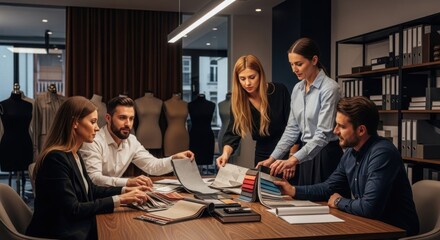Team of fashion designers reviewing fabric swatches in a modern studio