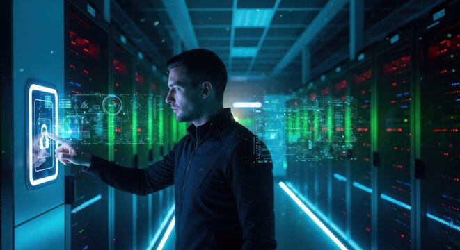 Technician interacts with holographic interface in server room
