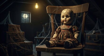 Creepy doll sits on chair in dusty attic with cobwebs and dim light