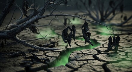 Cracked parched earth with dead branches and glowing toxic green cracks