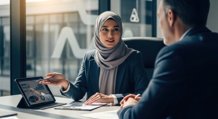 Two business professionals, a woman in a hijab and a man, in discussion, reviewing data on a tablet