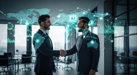 Two businessmen shaking hands in a modern office.  Overlayed is a global network graphic