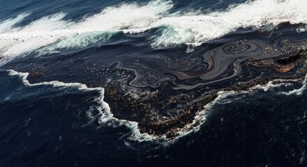 Fototapeta premium Dark slick, possibly oil, polluting deep-blue ocean waves, aerial view