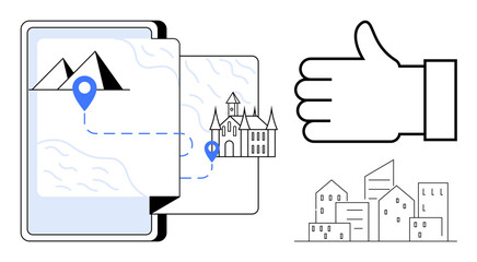 Dynamic map on tablet display highlighting route with landmarks, thumbs-up icon, and urban housing. Ideal for navigation, travel, approval, journey planning, urbanization, tourism simple landing