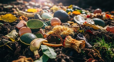 Decomposing food scraps & foliage in rich soil under bright sunlight