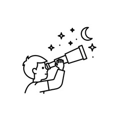 Inspiring young boy explores the night sky with a telescope, discovering stars and moon, igniting curiosity and wonder, perfect for educational and imaginative themes
