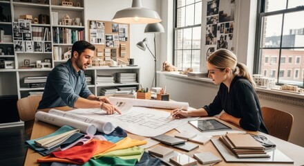 Two designers collaborate on blueprints in a bright, modern office