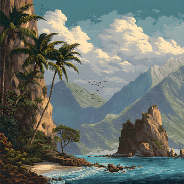 Trees, and mountain cliffs, with a seasore and coconut trees along a deserted shoreline. Clouds and birds are visible in the mountains
