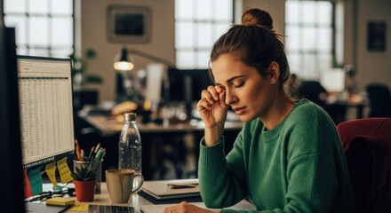 Tired young woman rubbing her eyes at her desk