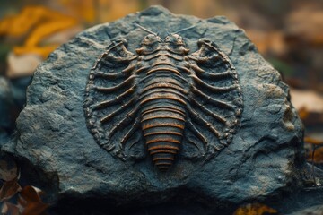 A fossilized trilobite embedded within a dark rock, highlighting the ancient creature's segmented body and intricate details.