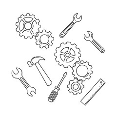 Crafting brilliance with gears, wrenches, hammer, screwdriver and ruler, a dynamic composition perfect for engineering, construction, or creative projects with a modern edge