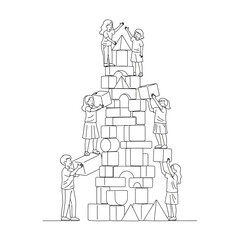 Collaborative kids building a tower of geometric blocks, showcasing teamwork and creative play, perfect for educational materials and children's content, originally a scalable vector graphic