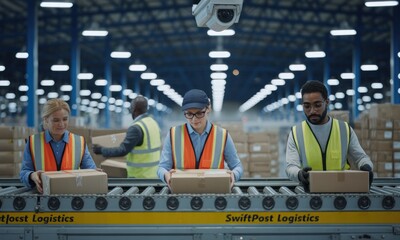 Obraz premium Warehouse workers sorting packages on a conveyor belt. High-tech facility