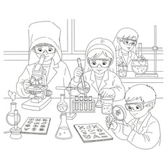 Enthusiastic young scientists conduct experiments with test tubes, microscopes, and beakers, fostering a love for science and discovery in a laboratory setting using vector graphics