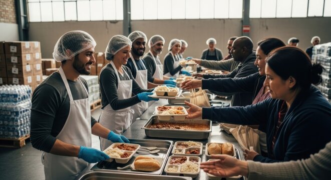 Volunteers serving food in a large warehouse