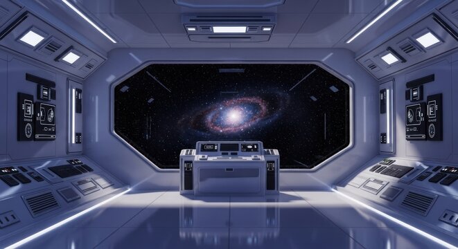 White spaceship interior, galaxy view