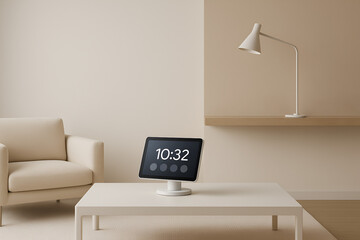 Luxury smart home living room featuring sleek smart display on coffee table, modern armchair, and designer lamp. High-tech lifestyle meets minimalist interior with premium furnishings.