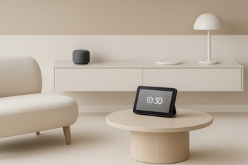 High-end smart home living room featuring sleek smart display on coffee table, modern smart speaker, wireless charging pad, and designer lamp. Minimalist interior blending technology with style.