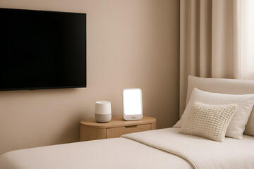 Smart home bedroom featuring a wall-mounted TV, modern smart speaker and a gadget. High-tech lifestyle blends with minimalist, premium interior design.