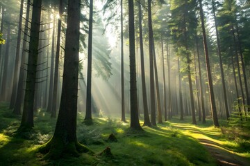 Obraz premium Sunlight beams through tall trees in a dense green forest
