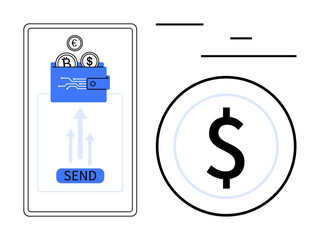 Mobile phone with digital wallet sending EUR, USD, BTC coins. Dollar sign beside indicates currency exchange. Ideal for fintech, online banking, cryptocurrency, finance apps, payment systems global