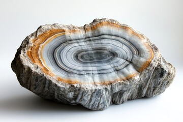 A beautiful piece of polished agate stone with concentric bands of gray, orange and white creating a stunning natural pattern.