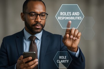 Business professional touching virtual screen with roles and responsibilities