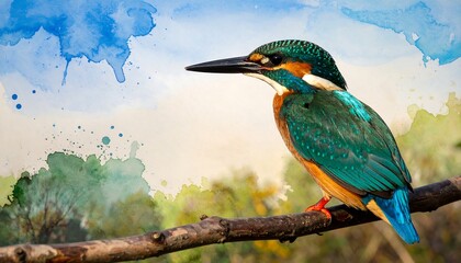 Colorful kingfisher perched on a branch, against a backdrop of watercolor washes