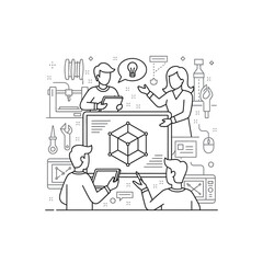 Innovative team collaboration on 3D design project, driving creative solutions and strategic planning for advanced engineering, showcasing modern technology and teamwork