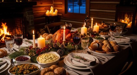 Fototapeta premium Festive table set with holiday dinner by fireplace, log cabin setting