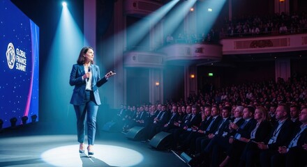 Woman on stage, speaking to large audience in auditorium.  Bright spotlights illuminate the speaker.  Event backdrop displays conference logo