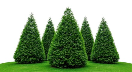 Five conical evergreen trees in a grassy patch, isolated on white backdrop