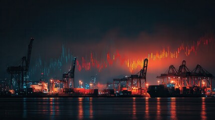 Naklejka premium Nighttime industrial landscape with cranes and colorful light patterns over the harbor