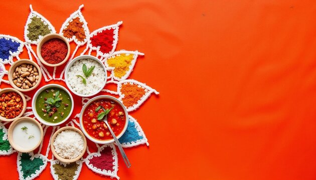 Happy traditional shining diwali. Colorful spices and condiments arranged in bowls on orange background  