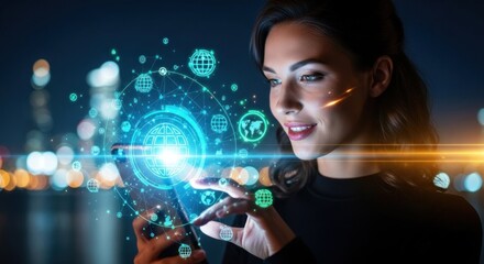 Woman using a smartphone with glowing holographic icons