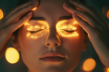 A woman closing her eyes and touching her forehead with calm expression, JPEG format, ideal for stress relief, mindfulness, or wellness visuals.