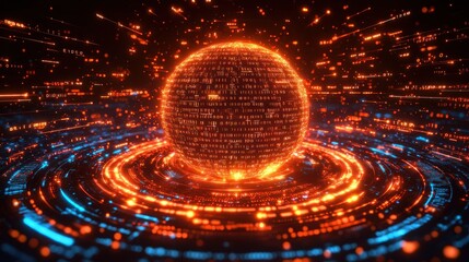 Glowing data sphere with streaming lights and rings
