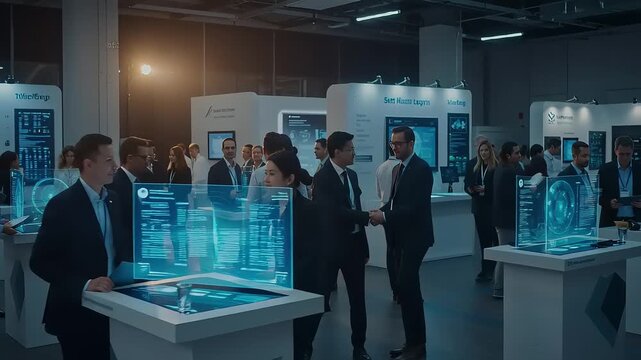 Crowded tech fair with futuristic displays - Powered by Adobe